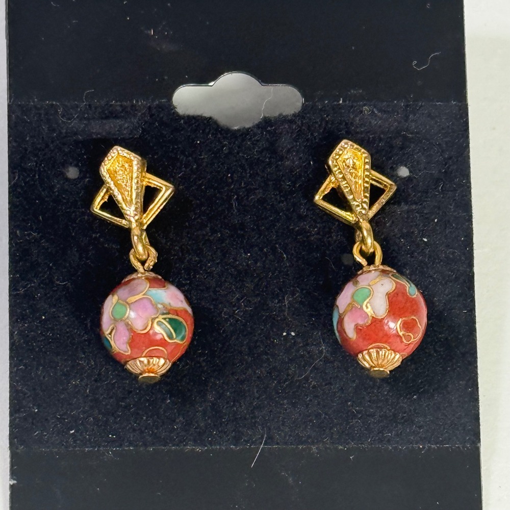 VTG Cloisson Drop Red Enamel Earrings Gold Tone Floral Bead